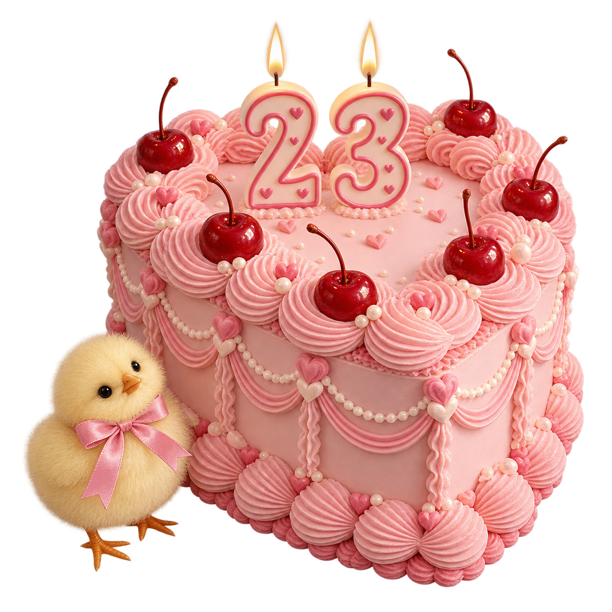 A pink birthday cake with glowing 23 candles and a little yellow chick