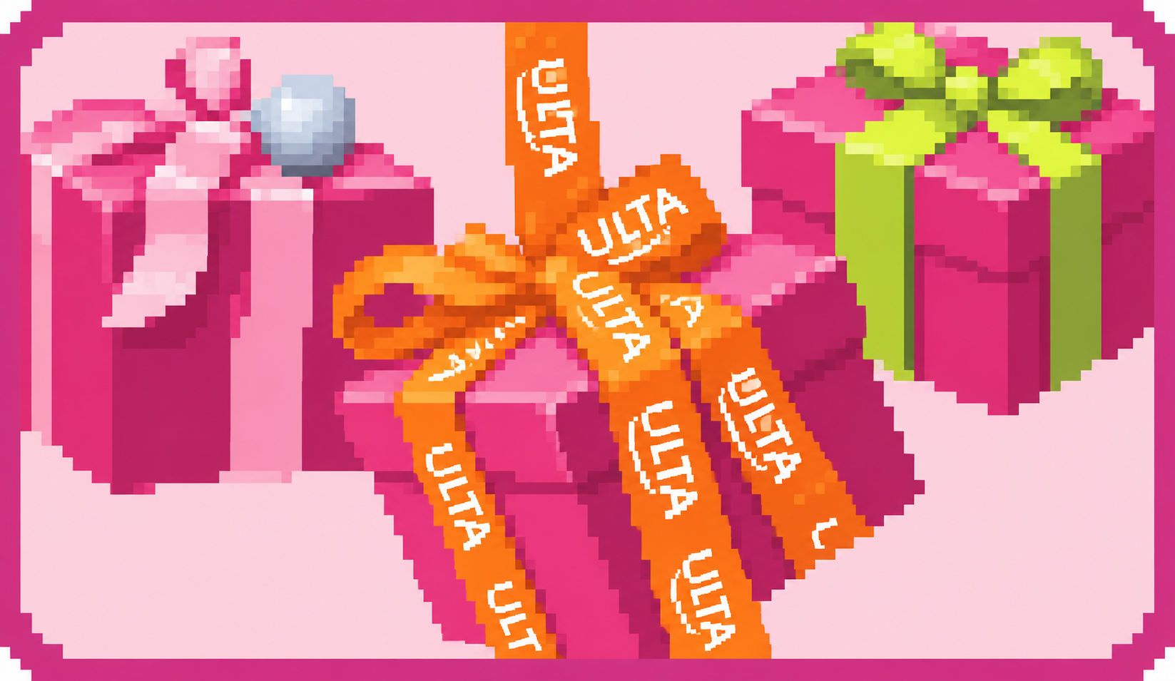 Straightened pixel-art Ulta gift card with pink presents and orange ribbons